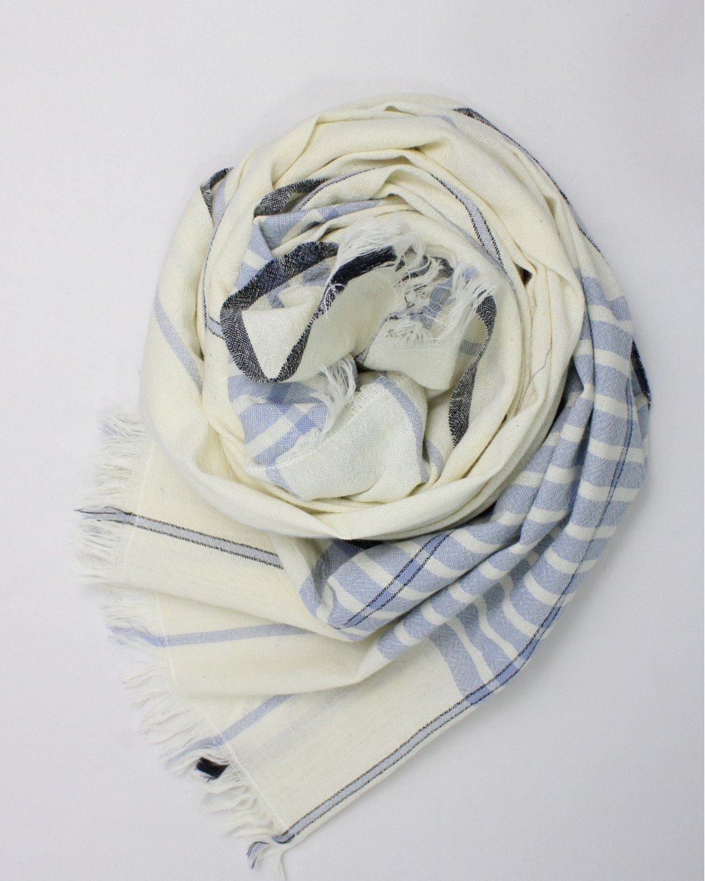 (2704) Merino wool Azo-free dyed Kutchy stole from Kutch - White, off white, sky blue, blue, blue grey, eggshell blue, light blue, stone blue, vertical stripes, stripes