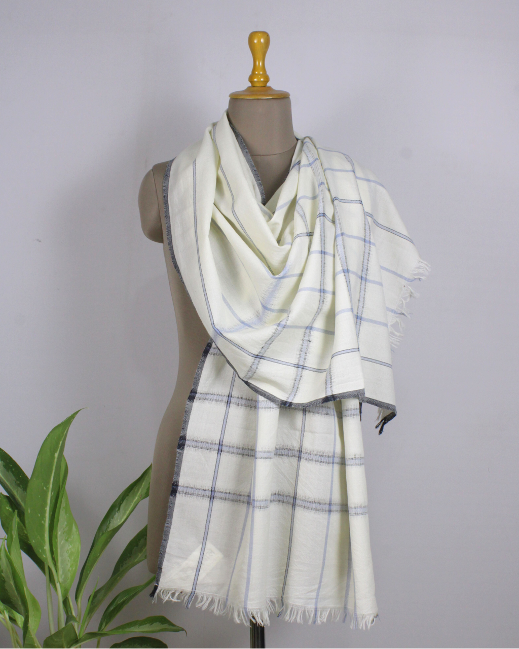 (2705) Merino wool Azo-free dyed stole from Kutch - White, off white, sky blue, light blue, eggshell blue, light brown, light yellow, eyelash fringes, stripes, vertical stripes, checks