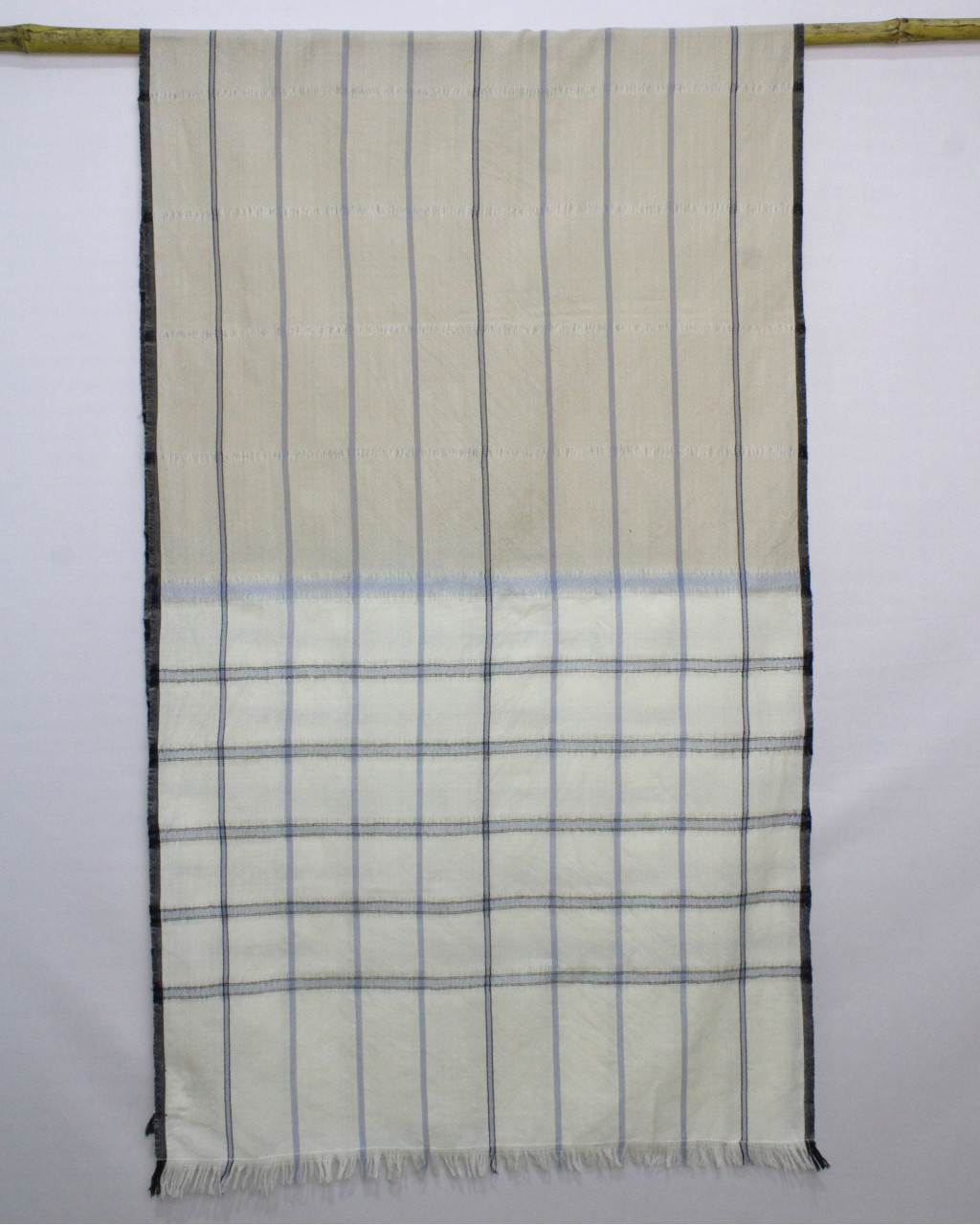 (2705) Merino wool Azo-free dyed stole from Kutch - White, off white, sky blue, light blue, eggshell blue, light brown, light yellow, eyelash fringes, stripes, vertical stripes, checks