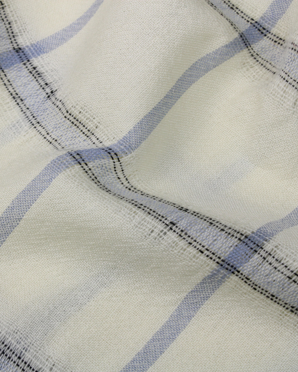 (2705) Merino wool Azo-free dyed stole from Kutch - White, off white, sky blue, light blue, eggshell blue, light brown, light yellow, eyelash fringes, stripes, vertical stripes, checks