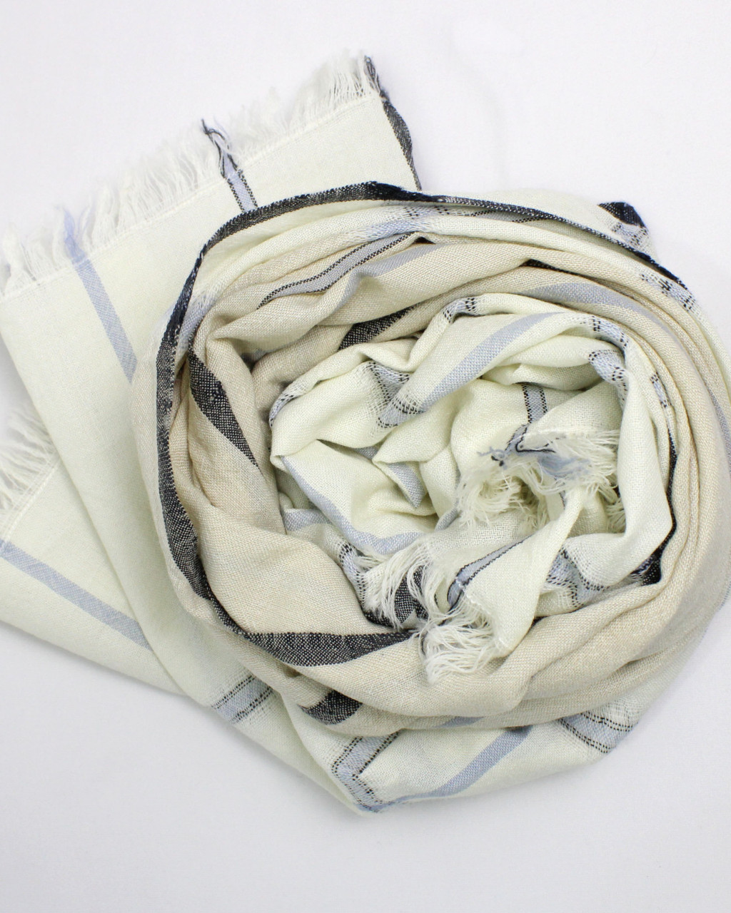 (2705) Merino wool Azo-free dyed stole from Kutch - White, off white, sky blue, light blue, eggshell blue, light brown, light yellow, eyelash fringes, stripes, vertical stripes, checks