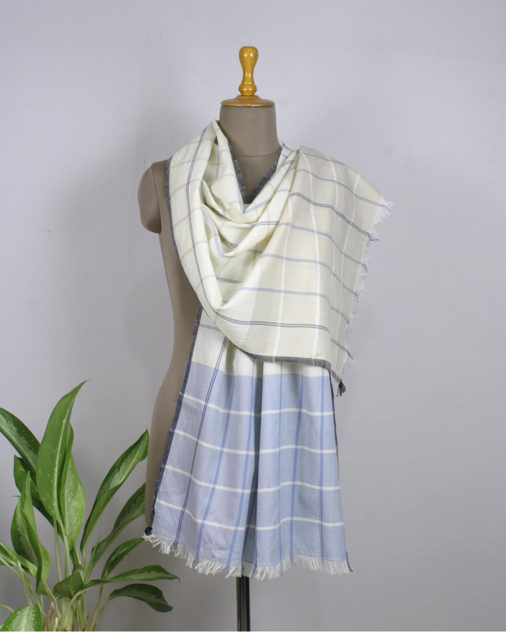 (2706) Merino wool Azo-free dyed stole from Kutch - Sky blue, eggshell blue, blue, blue grey, off white, white, black, stripes, checks, twill
