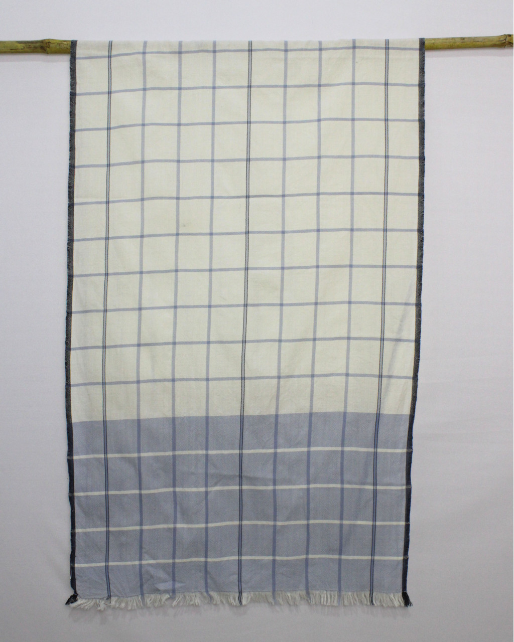 (2706) Merino wool Azo-free dyed stole from Kutch - Sky blue, eggshell blue, blue, blue grey, off white, white, black, stripes, checks, twill