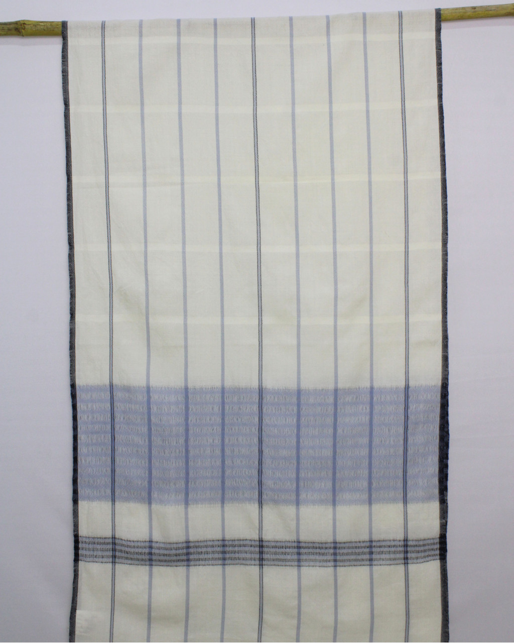 (2708) Merino wool Azo-free dyed Kutchy stole from Kutch - Blue, blue grey, eggshell blue, bright white, white, black, vertical stripes, stone blue, sky blue, twill