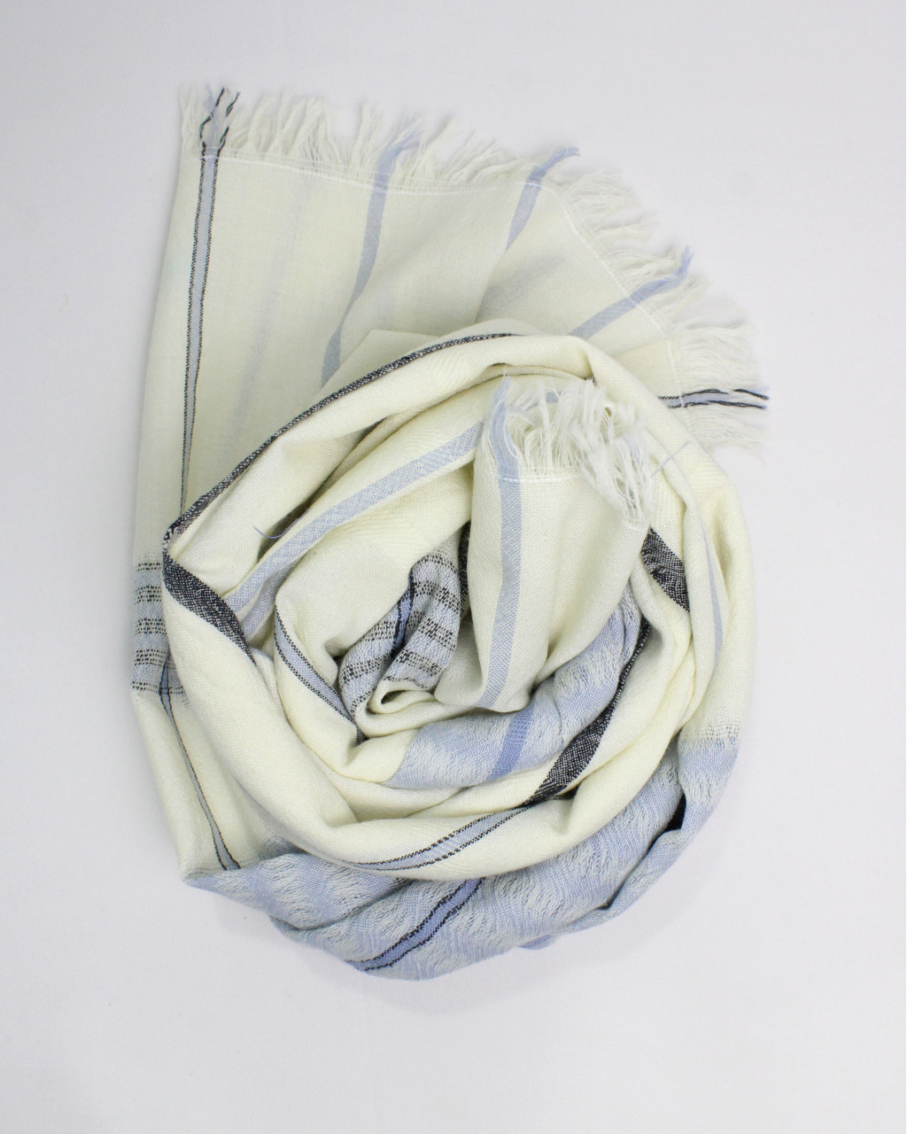 (2708) Merino wool Azo-free dyed Kutchy stole from Kutch - Blue, blue grey, eggshell blue, bright white, white, black, vertical stripes, stone blue, sky blue, twill