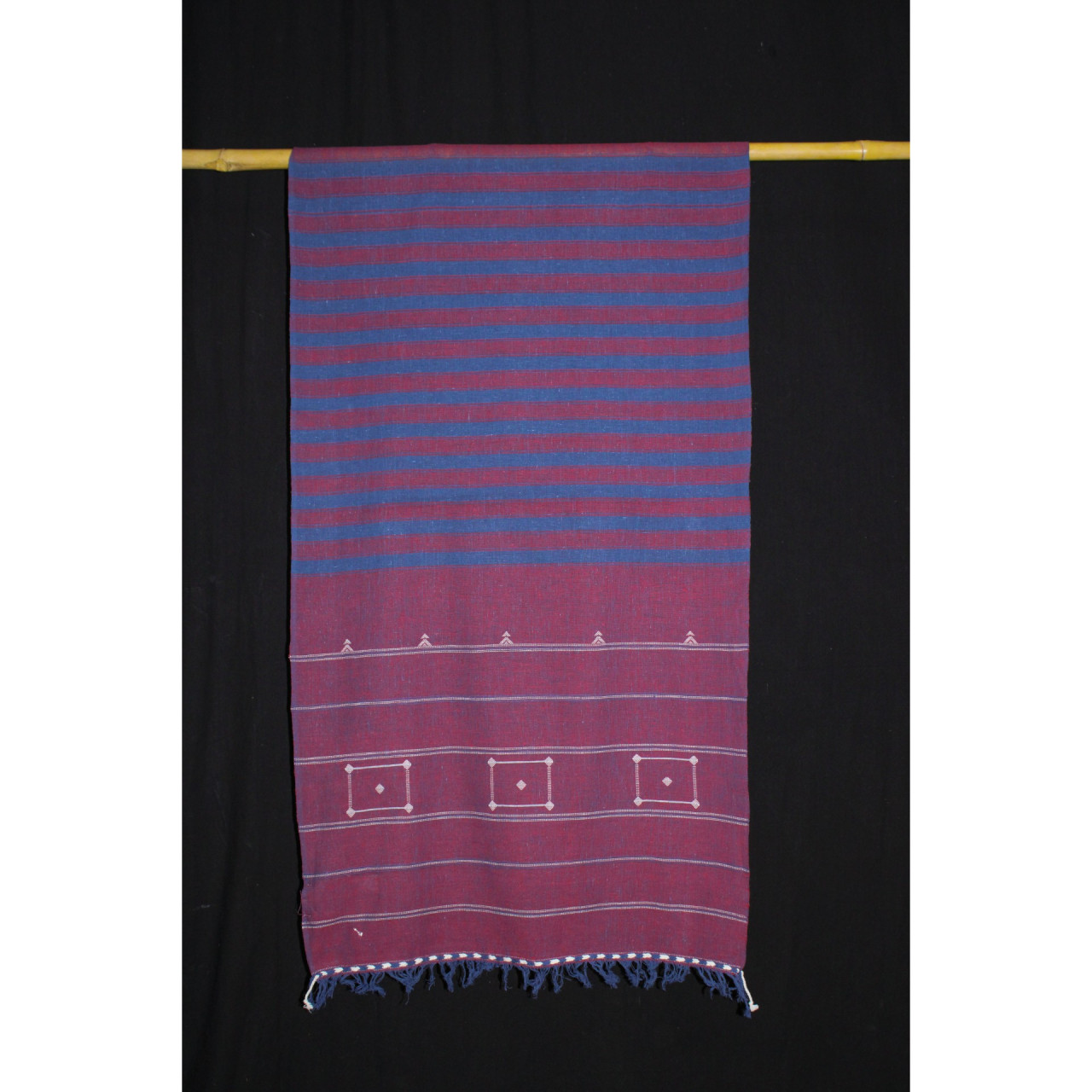 (279) Cotton Azo free dyed Kutchy stole with Motif - Maroon, horizontal stripes