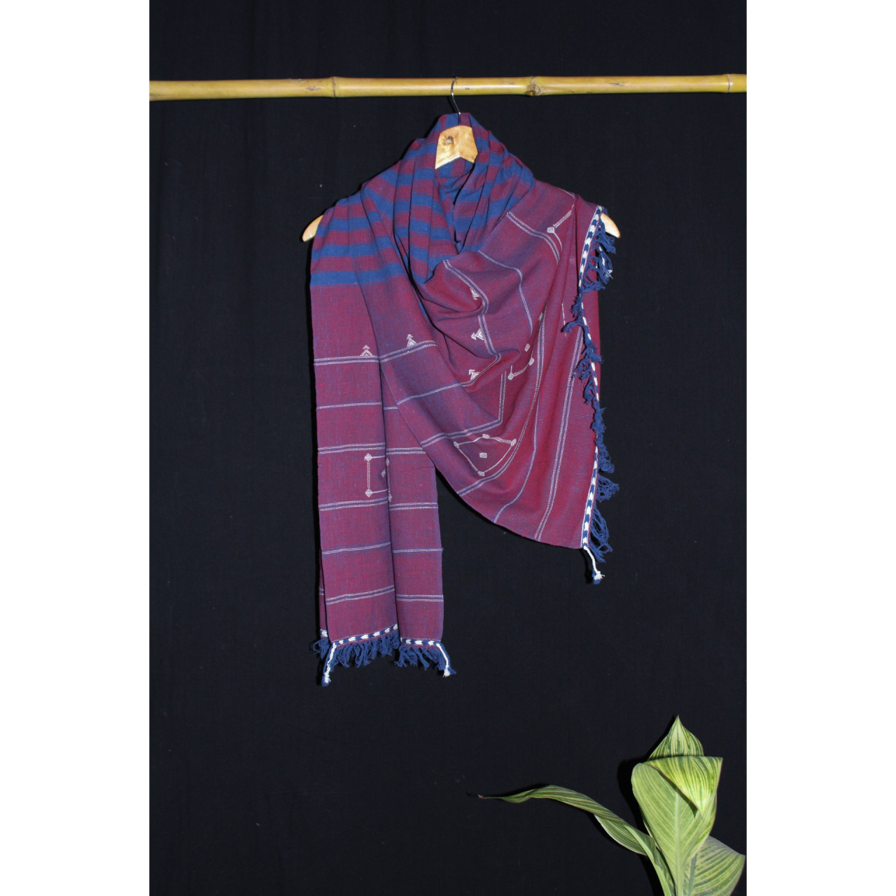 (279) Cotton Azo free dyed Kutchy stole with Motif - Maroon, horizontal stripes