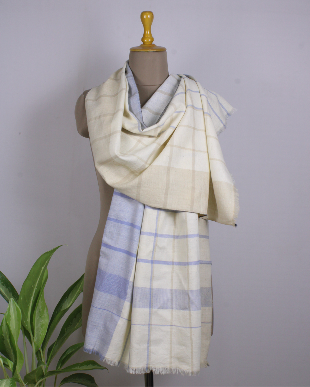 (2882) Cotton, khadi and eri silk Azo-free dyed Kutchy stole from Kutch - Blue, blue grey, light blue, sky blue, beige, checks, stripes, horizontal stripes, vertical stripes