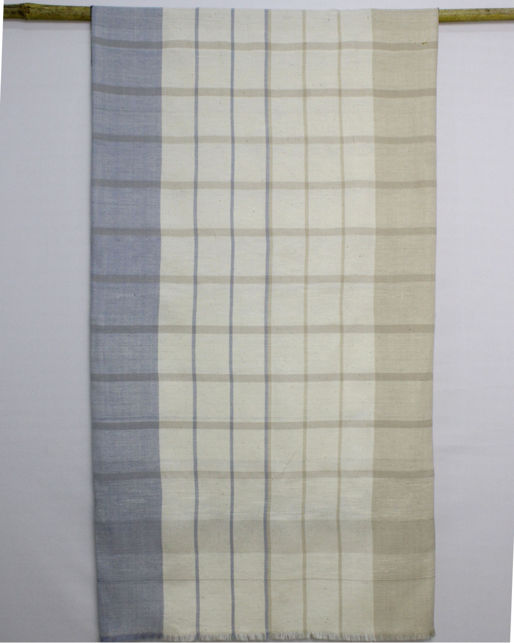 (2882) Cotton, khadi and eri silk Azo-free dyed Kutchy stole from Kutch - Blue, blue grey, light blue, sky blue, beige, checks, stripes, horizontal stripes, vertical stripes