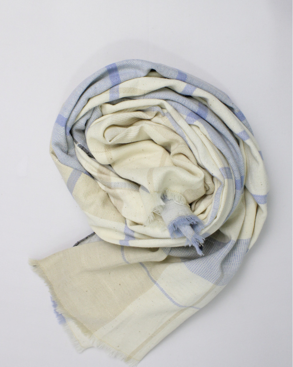 (2882) Cotton, khadi and eri silk Azo-free dyed Kutchy stole from Kutch - Blue, blue grey, light blue, sky blue, beige, checks, stripes, horizontal stripes, vertical stripes