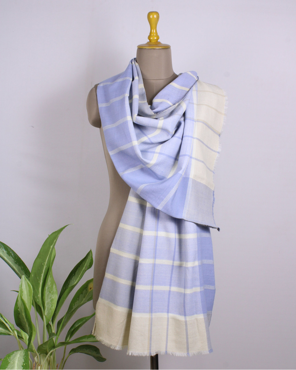 (2895) Merino wool, khadi and eri silk Azo-free dyed Kutchy stole from Kutch - Sky blue, blue, blue grey, beige, copper, cord, white, off white, horizontal stripes, stripes, twill