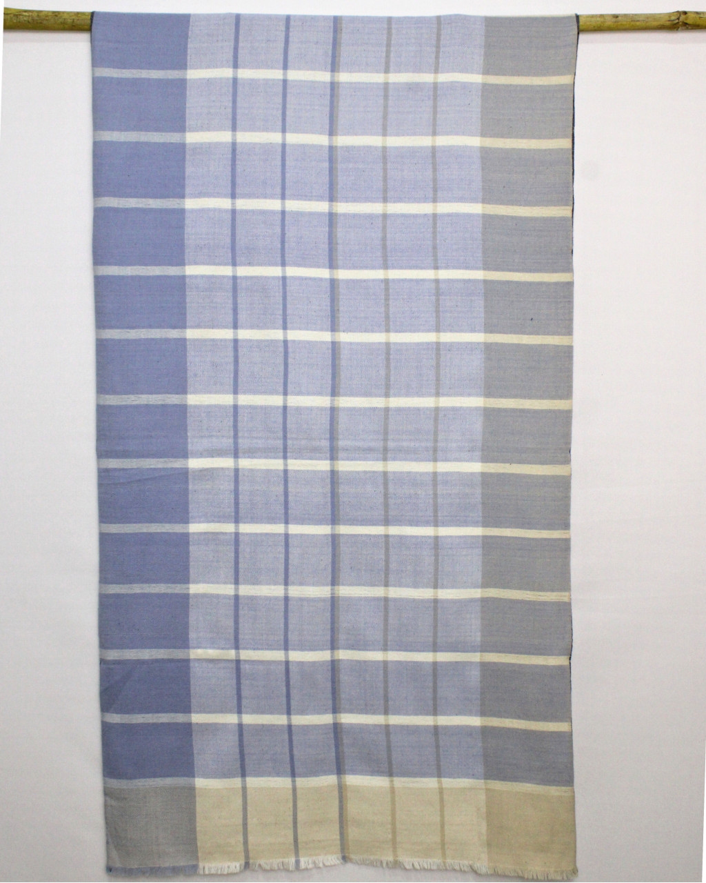 (2895) Merino wool, khadi and eri silk Azo-free dyed Kutchy stole from Kutch - Sky blue, blue, blue grey, beige, copper, cord, white, off white, horizontal stripes, stripes, twill