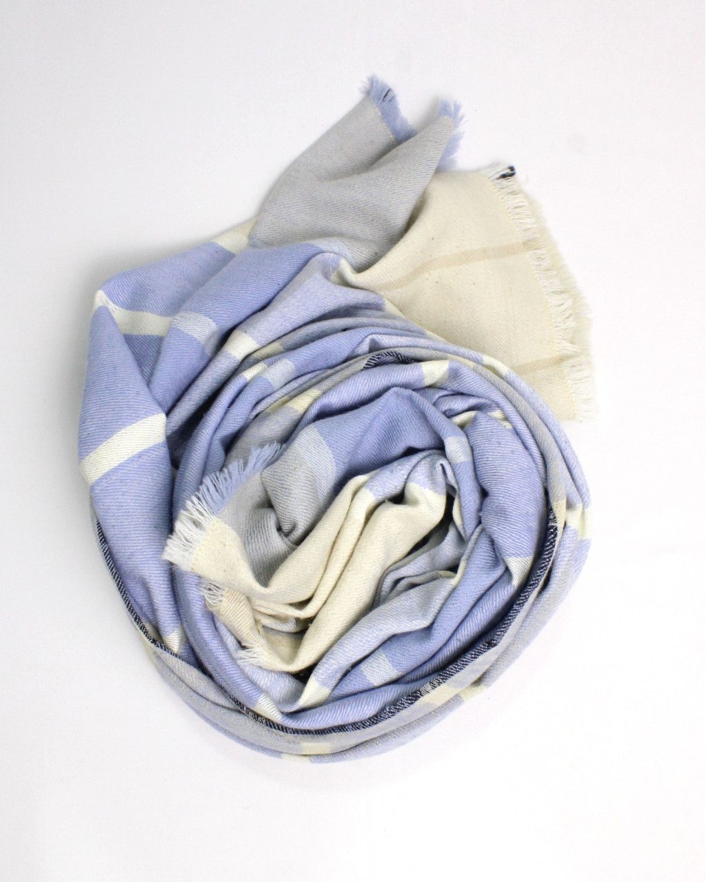 (2895) Merino wool, khadi and eri silk Azo-free dyed Kutchy stole from Kutch - Sky blue, blue, blue grey, beige, copper, cord, white, off white, horizontal stripes, stripes, twill