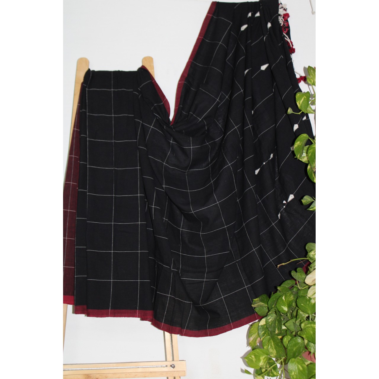 (599) Kala cotton Azo-free dyed Kutchy sari from Kutch with kala cotton motifs - Black, maroon, white, motif, pompoms