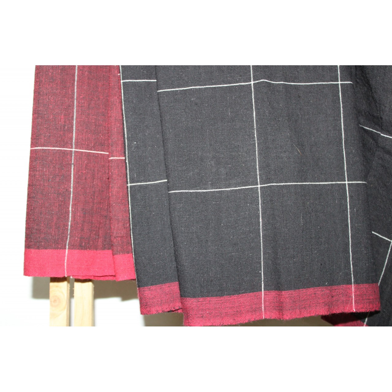 (599) Kala cotton Azo-free dyed Kutchy sari from Kutch with kala cotton motifs - Black, maroon, white, motif, pompoms