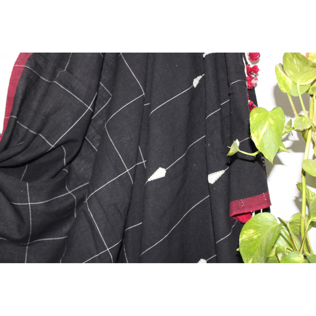 (599) Kala cotton Azo-free dyed Kutchy sari from Kutch with kala cotton motifs - Black, maroon, white, motif, pompoms