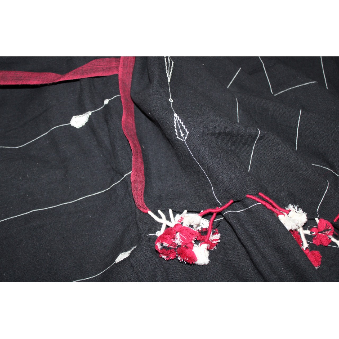 (599) Kala cotton Azo-free dyed Kutchy sari from Kutch with kala cotton motifs - Black, maroon, white, motif, pompoms