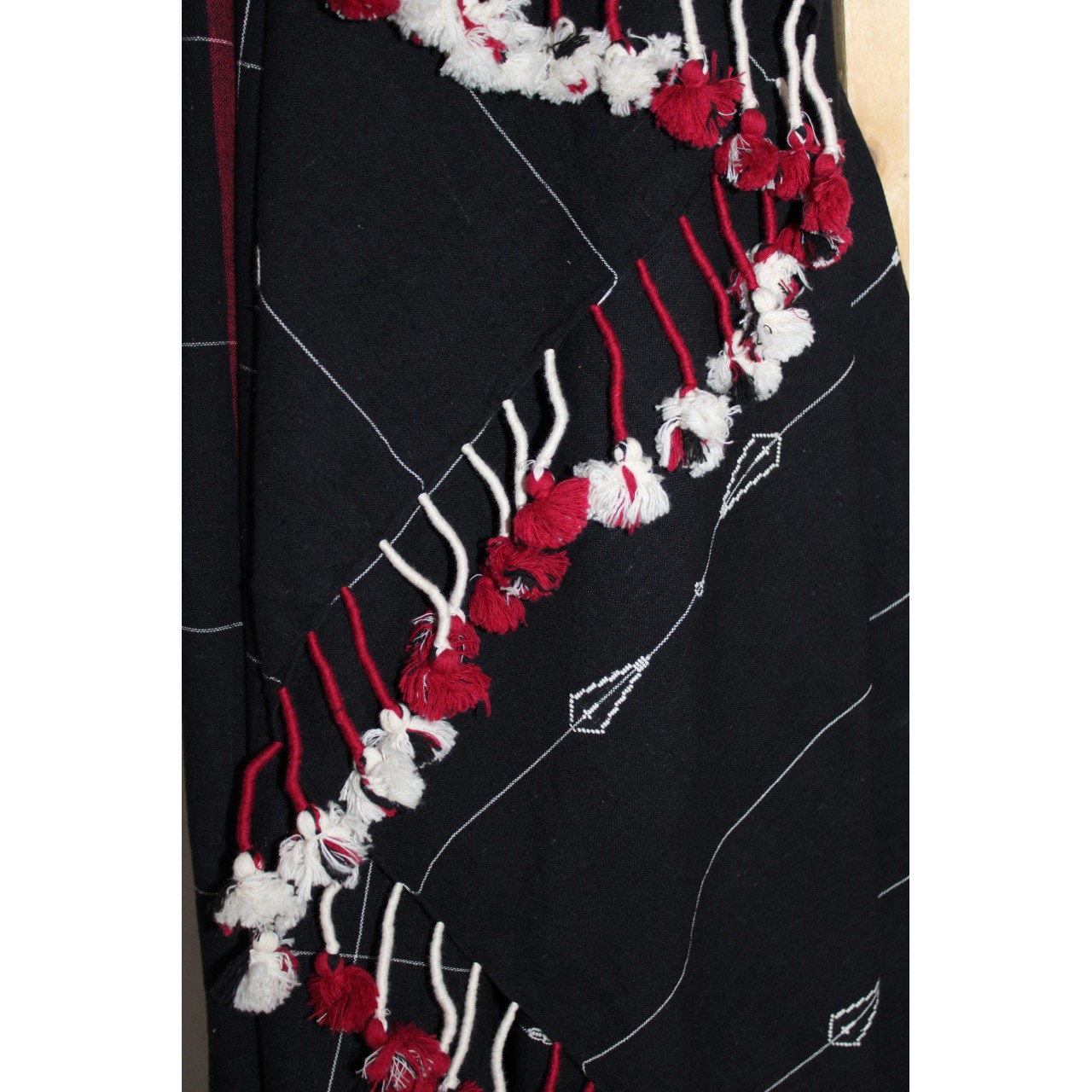 (599) Kala cotton Azo-free dyed Kutchy sari from Kutch with kala cotton motifs - Black, maroon, white, motif, pompoms