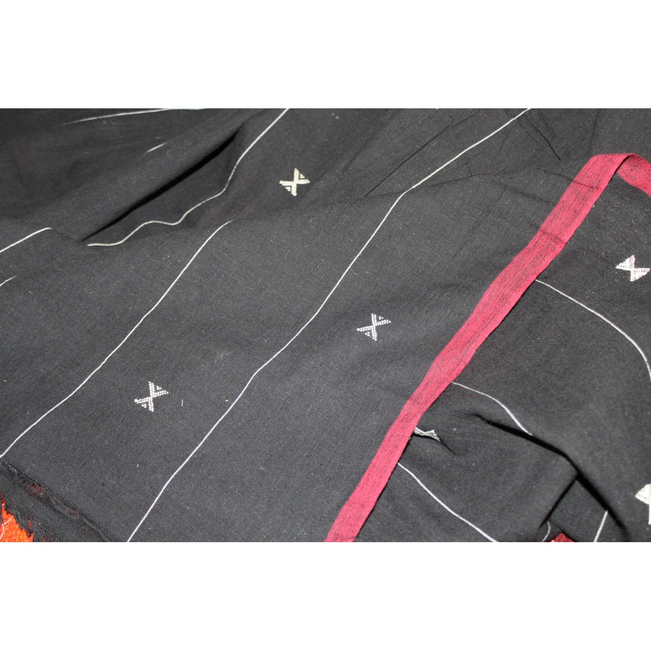 (599) Kala cotton Azo-free dyed Kutchy sari from Kutch with kala cotton motifs - Black, maroon, white, motif, pompoms