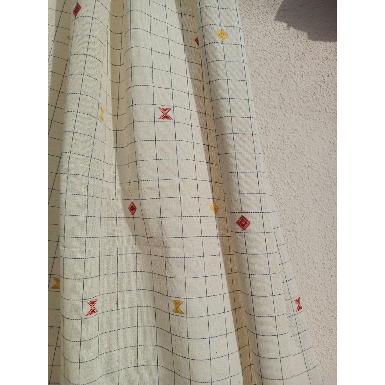 (845) Organic kala cotton Azo-free dyed Kutchy yardage from Kutch with organic kala cotton motifs and organic kala cotton extra-weft - White, checks, motif, extra weft