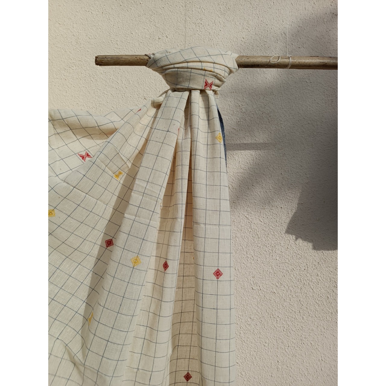 (845) Organic kala cotton Azo-free dyed Kutchy yardage from Kutch with organic kala cotton motifs and organic kala cotton extra-weft - White, checks, motif, extra weft