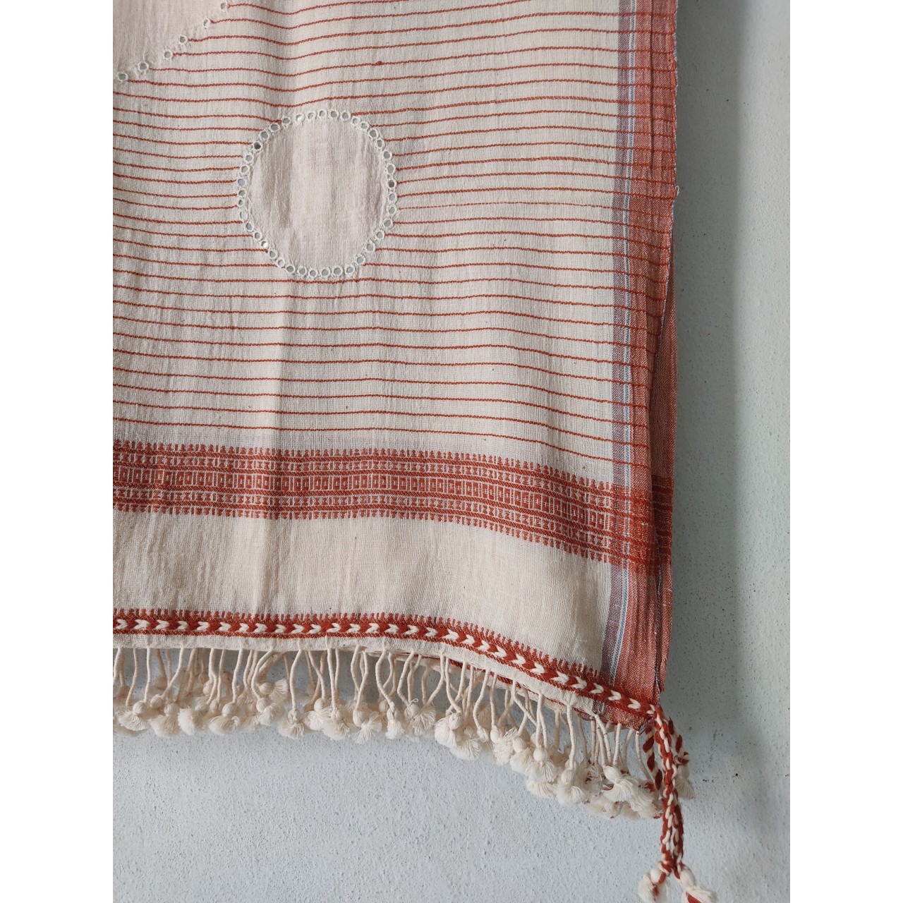 (303) Organic handspun kala cotton Natural dyed Kutchy stole with kala cotton extra weft, kala cotton motif from Kutch - Kora, off white, white, maroon