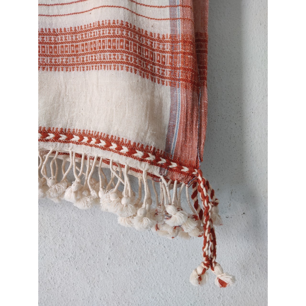 (303) Organic handspun kala cotton Natural dyed Kutchy stole with kala cotton extra weft, kala cotton motif from Kutch - Kora, off white, white, maroon