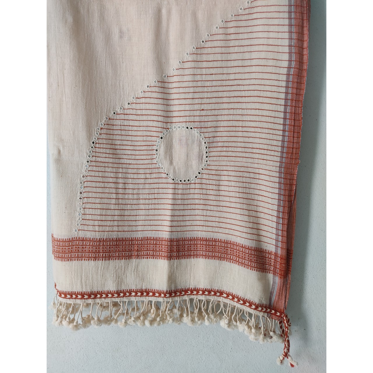 (303) Organic handspun kala cotton Natural dyed Kutchy stole with kala cotton extra weft, kala cotton motif from Kutch - Kora, off white, white, maroon