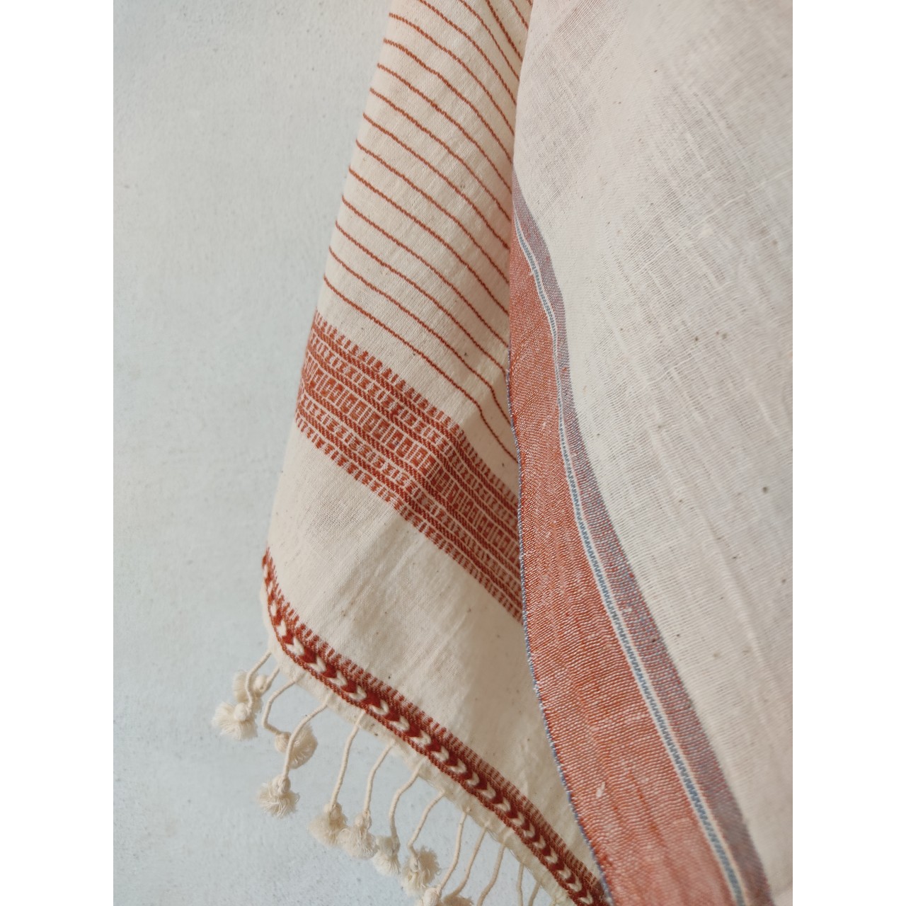 (303) Organic handspun kala cotton Natural dyed Kutchy stole with kala cotton extra weft, kala cotton motif from Kutch - Kora, off white, white, maroon