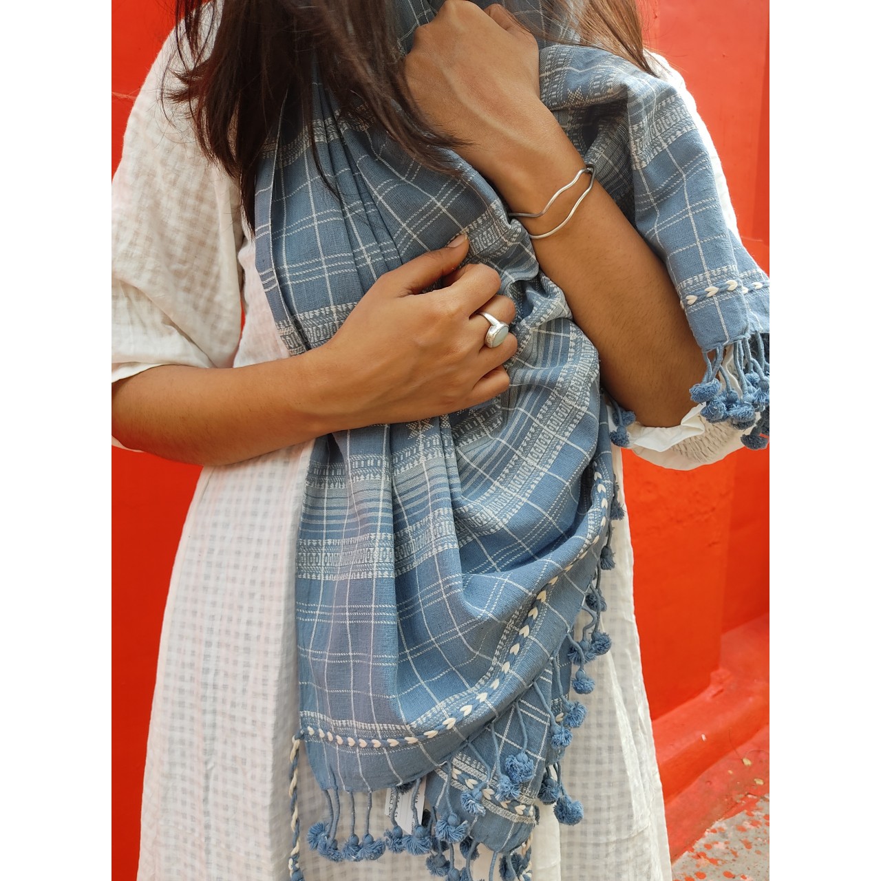 (304) Organic handspun kala cotton Natural dyed Kutchy stole with kala cotton motif, kala cotton extra weft from Kutch - Indigo, light blue, light indigo, kora, checks