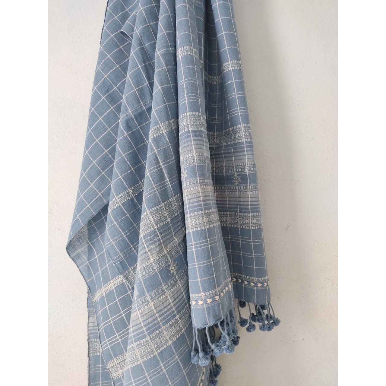 (304) Organic handspun kala cotton Natural dyed Kutchy stole with kala cotton motif, kala cotton extra weft from Kutch - Indigo, light blue, light indigo, kora, checks