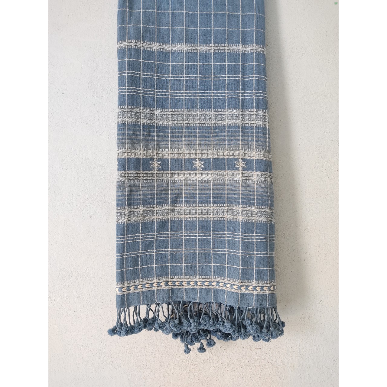(304) Organic handspun kala cotton Natural dyed Kutchy stole with kala cotton motif, kala cotton extra weft from Kutch - Indigo, light blue, light indigo, kora, checks