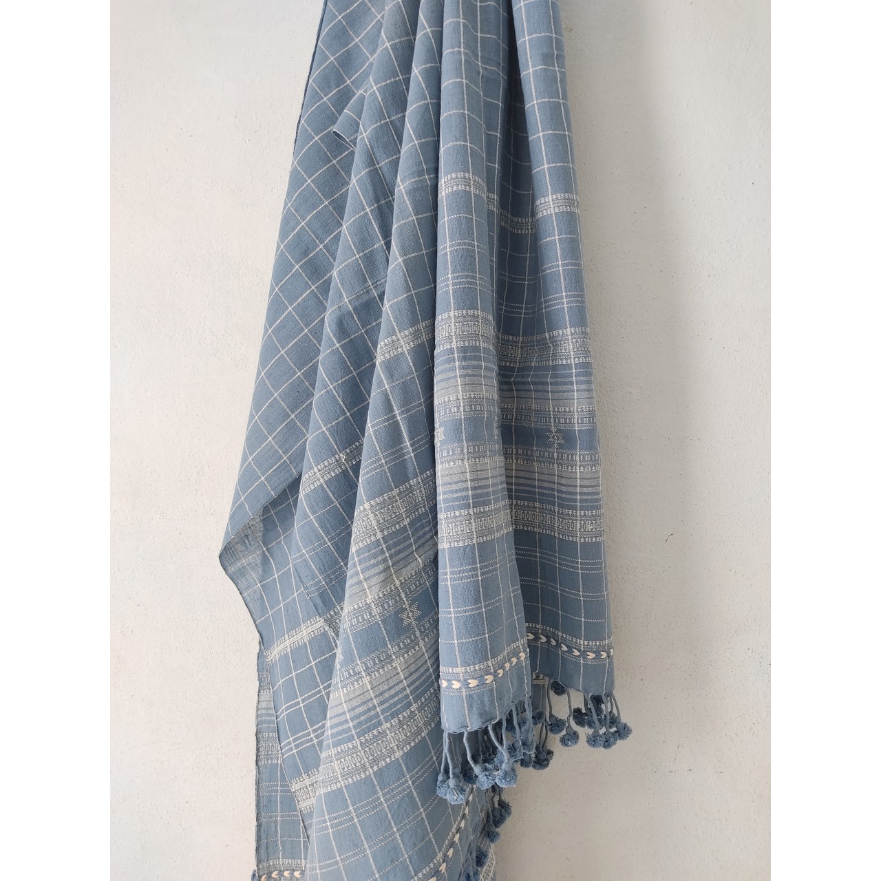 (304) Organic handspun kala cotton Natural dyed Kutchy stole with kala cotton motif, kala cotton extra weft from Kutch - Indigo, light blue, light indigo, kora, checks