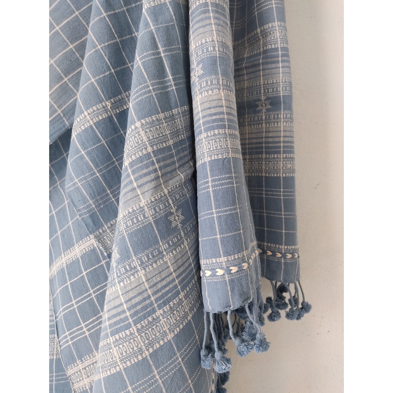 (304) Organic handspun kala cotton Natural dyed Kutchy stole with kala cotton motif, kala cotton extra weft from Kutch - Indigo, light blue, light indigo, kora, checks