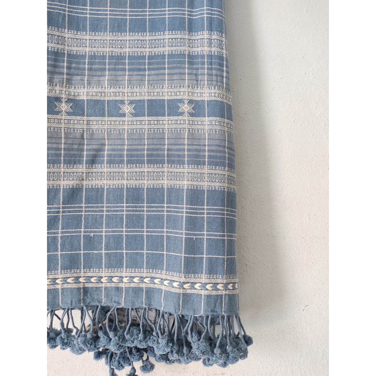 (304) Organic handspun kala cotton Natural dyed Kutchy stole with kala cotton motif, kala cotton extra weft from Kutch - Indigo, light blue, light indigo, kora, checks