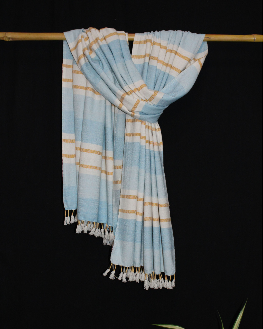 (1533) Cotton Azo-free dyed Contemporary wrap from Maheshwar - Sky blue, white, yellow, blue, textured, piped fringes, stripes, azure, mustard, off white
