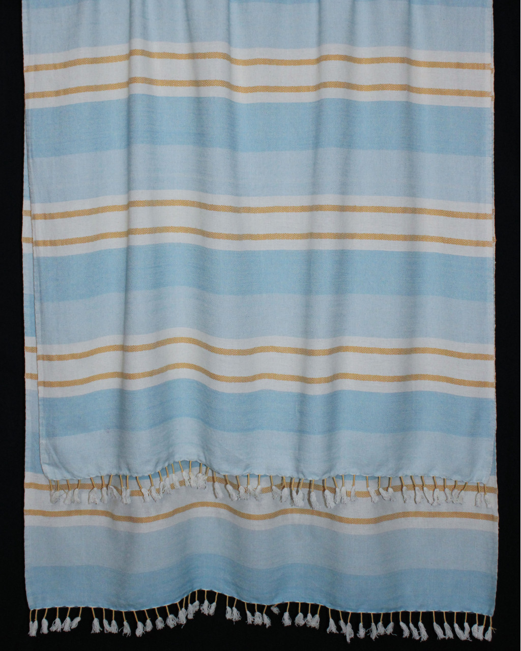 (1533) Cotton Azo-free dyed Contemporary wrap from Maheshwar - Sky blue, white, yellow, blue, textured, piped fringes, stripes, azure, mustard, off white