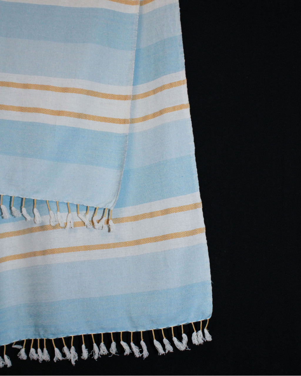 (1533) Cotton Azo-free dyed Contemporary wrap from Maheshwar - Sky blue, white, yellow, blue, textured, piped fringes, stripes, azure, mustard, off white