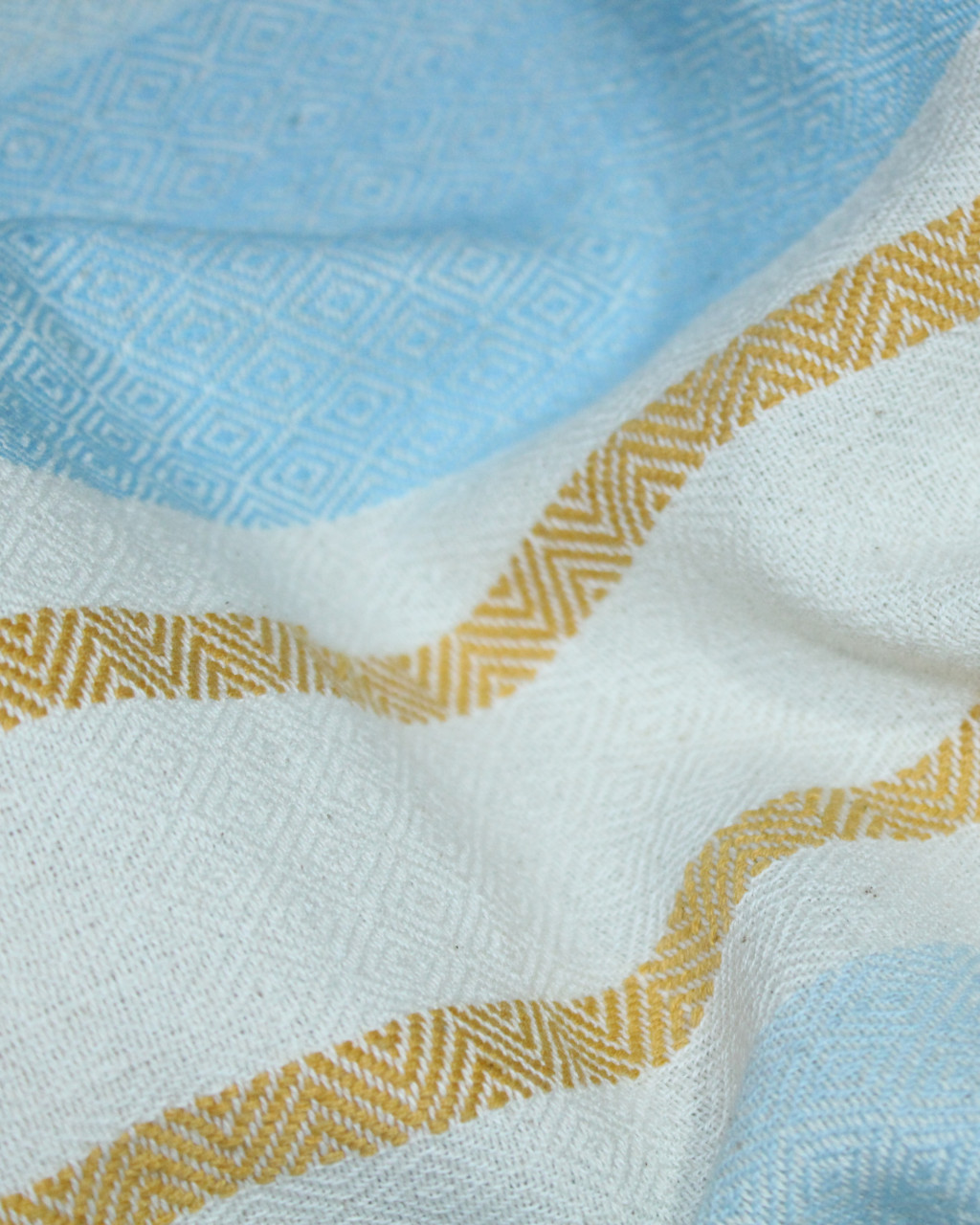 (1533) Cotton Azo-free dyed Contemporary wrap from Maheshwar - Sky blue, white, yellow, blue, textured, piped fringes, stripes, azure, mustard, off white