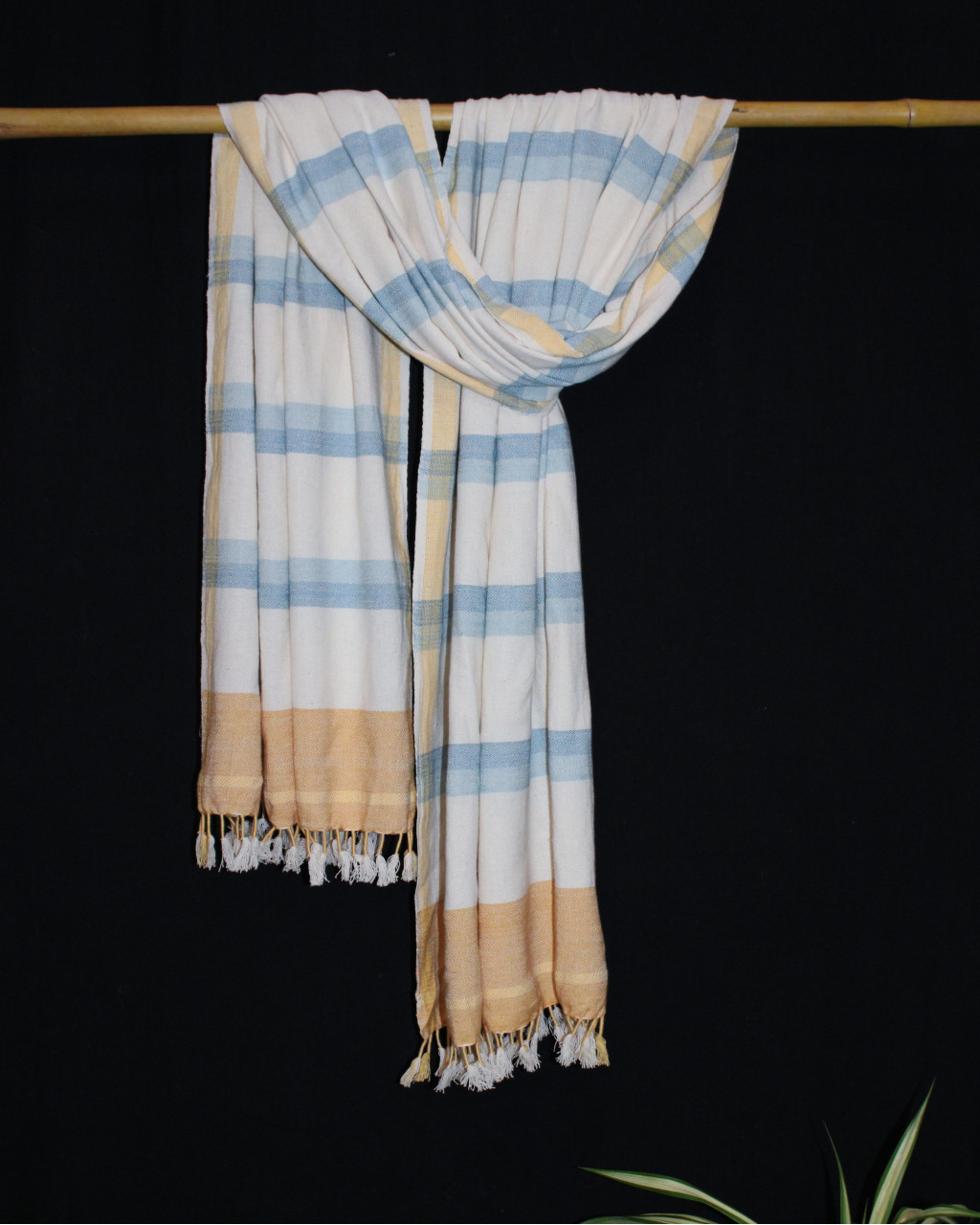 (1573) Cotton Azo-free dyed Contemporary wrap from Maheshwar - White, sky blue, mustard, stripes, piped fringes, azure, blue