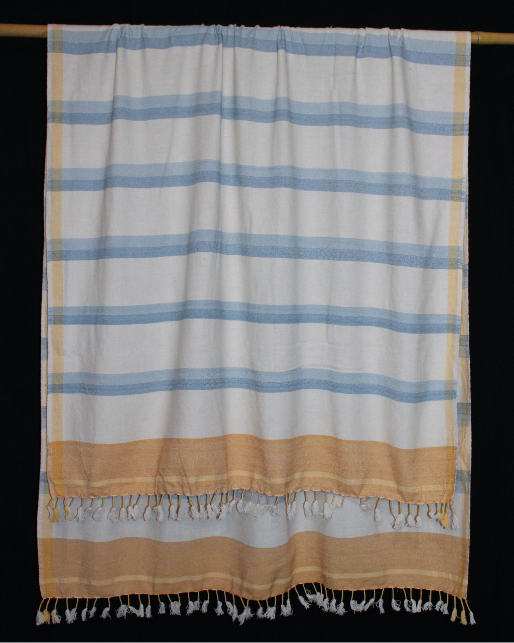 (1573) Cotton Azo-free dyed Contemporary wrap from Maheshwar - White, sky blue, mustard, stripes, piped fringes, azure, blue