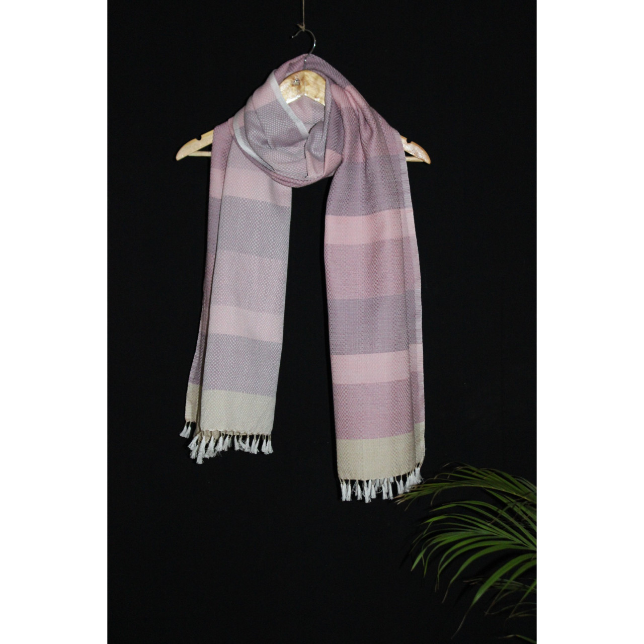 (1596) Cotton Azo-free dyed stole from Maheshwar - Purple, pink, stripes, piped fringes