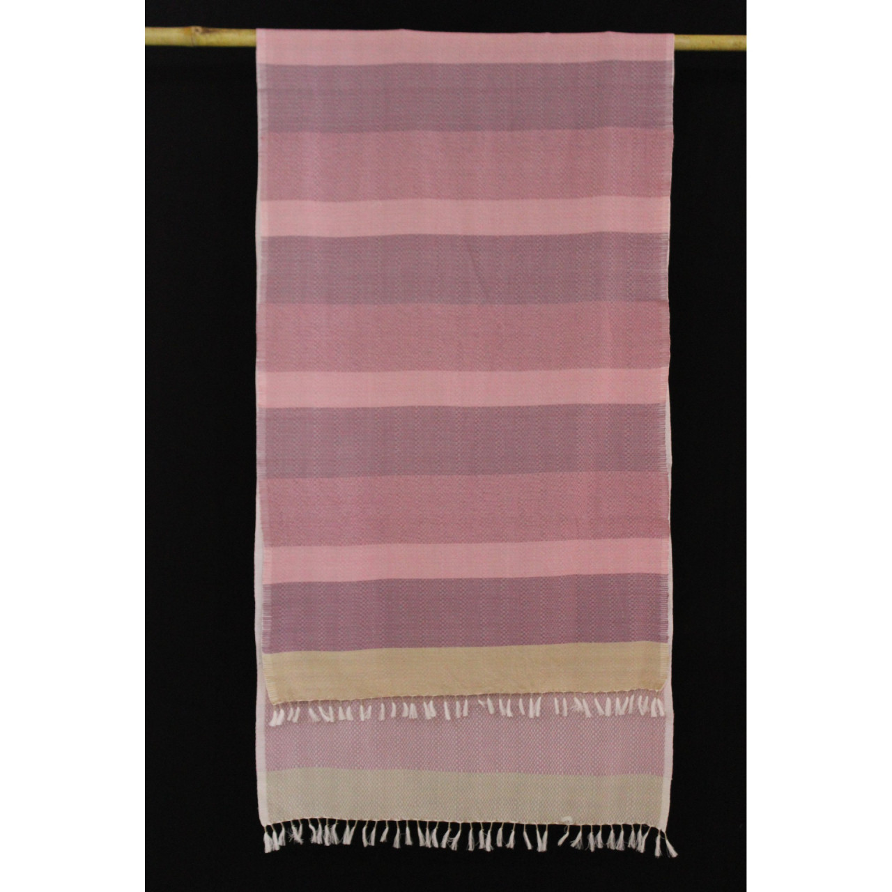 (1596) Cotton Azo-free dyed stole from Maheshwar - Purple, pink, stripes, piped fringes