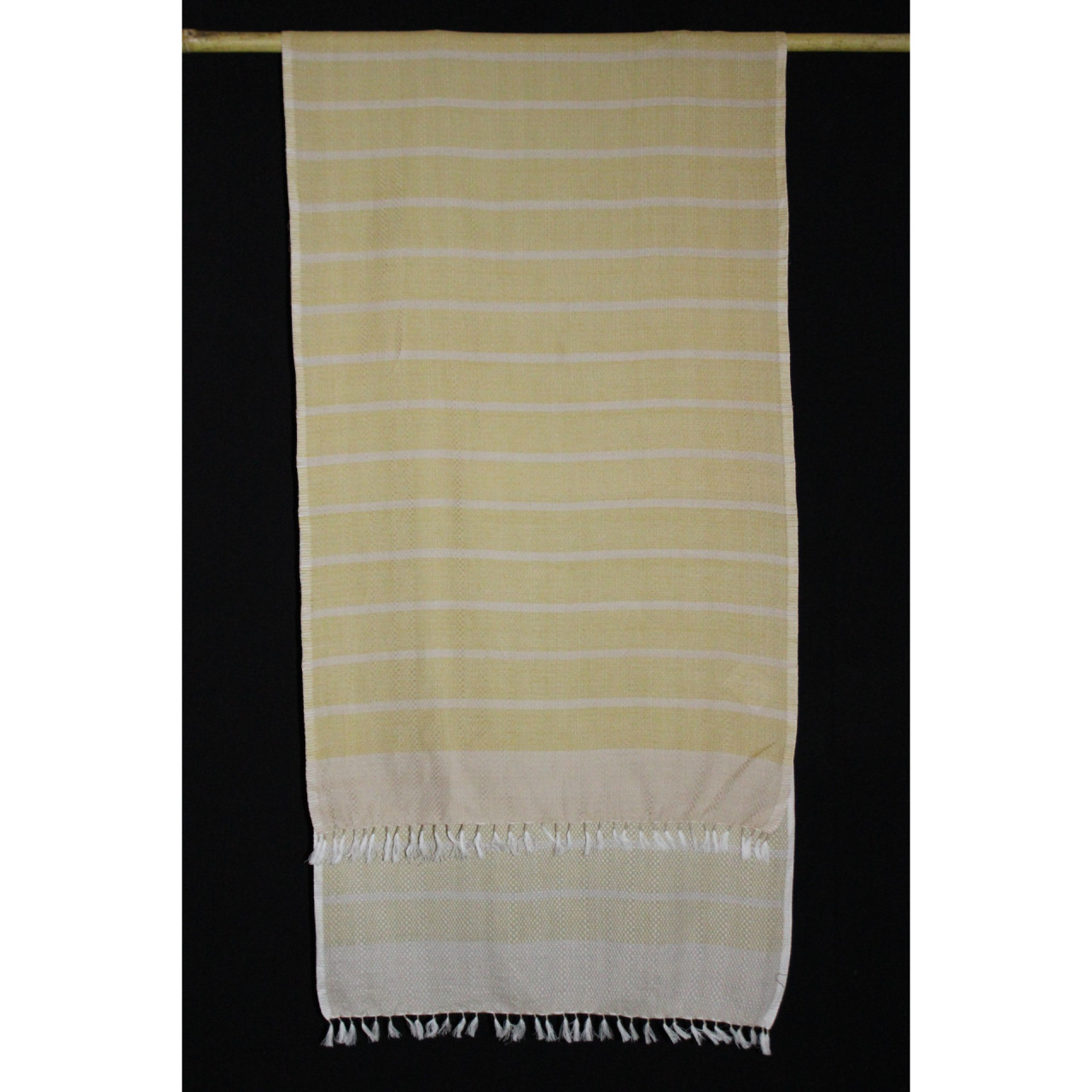 (1597) Cotton Azo-free dyed stole from Maheshwar - White, mustard, stripes, piped fringes
