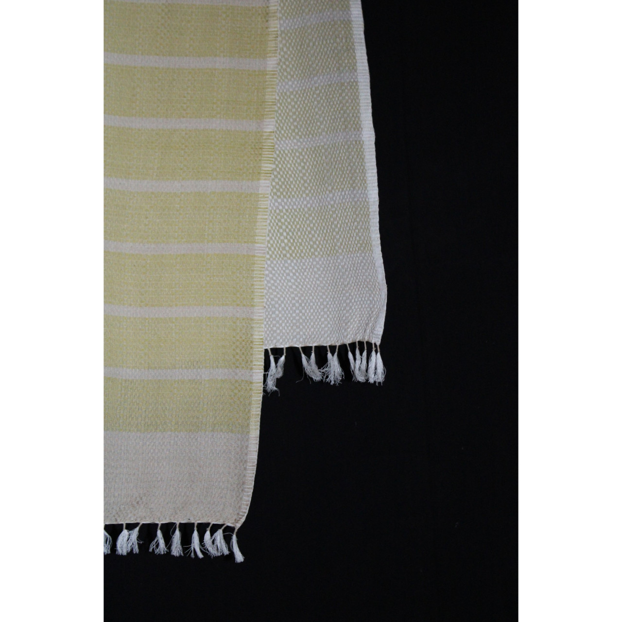 (1597) Cotton Azo-free dyed stole from Maheshwar - White, mustard, stripes, piped fringes