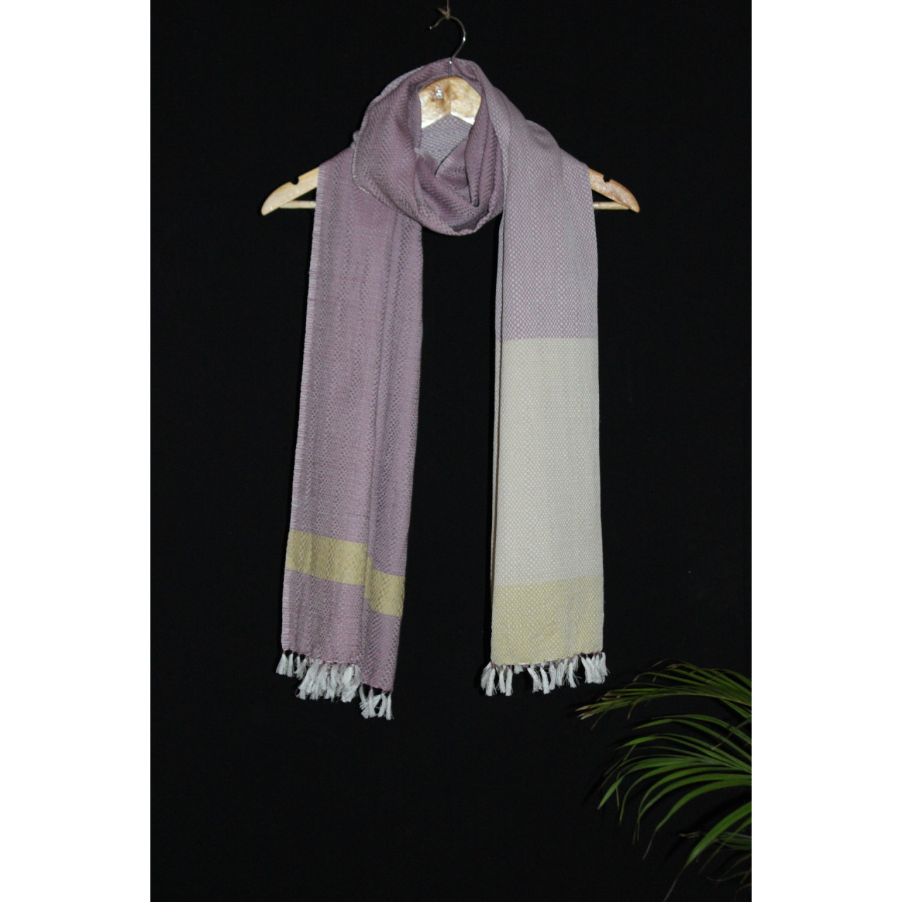 (1598) Cotton Azo-free dyed stole from Maheshwar - Purple, white, mustard, stripes, piped fringes