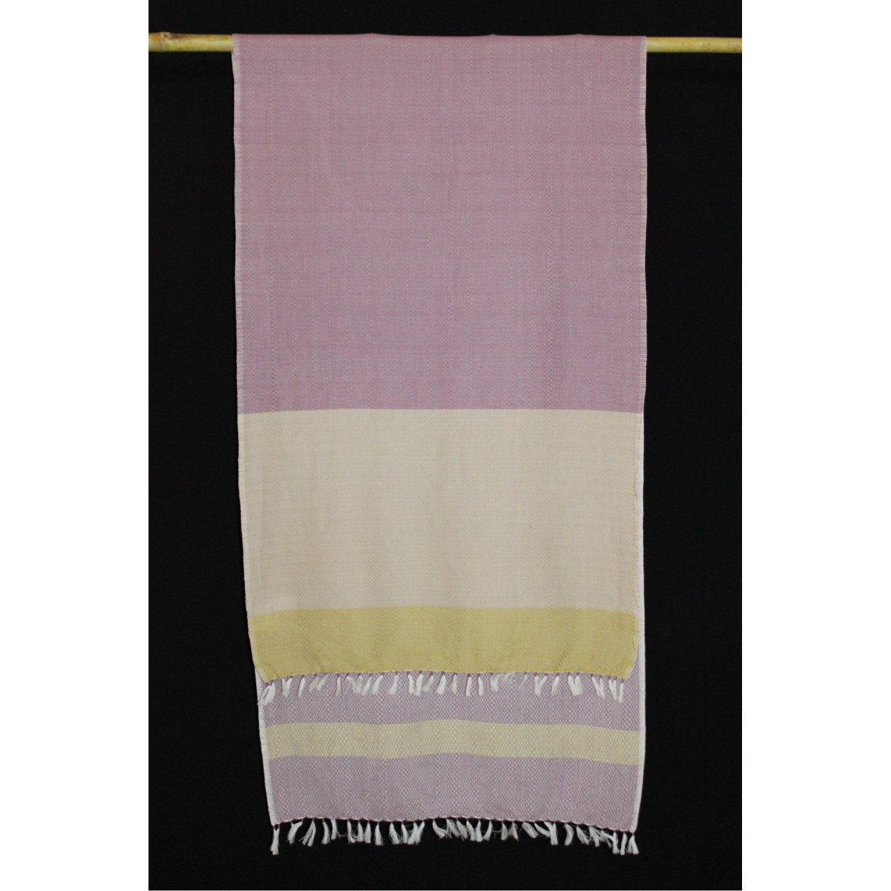 (1598) Cotton Azo-free dyed stole from Maheshwar - Purple, white, mustard, stripes, piped fringes
