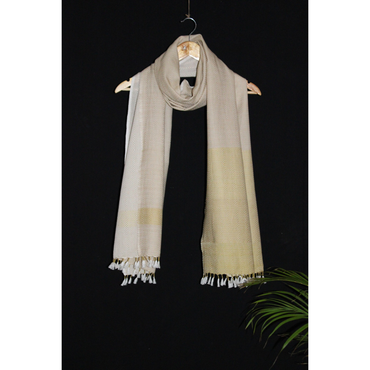 (1599) Cotton Azo-free dyed stole from Maheshwar - Off white, mustard, stripes, piped fringes