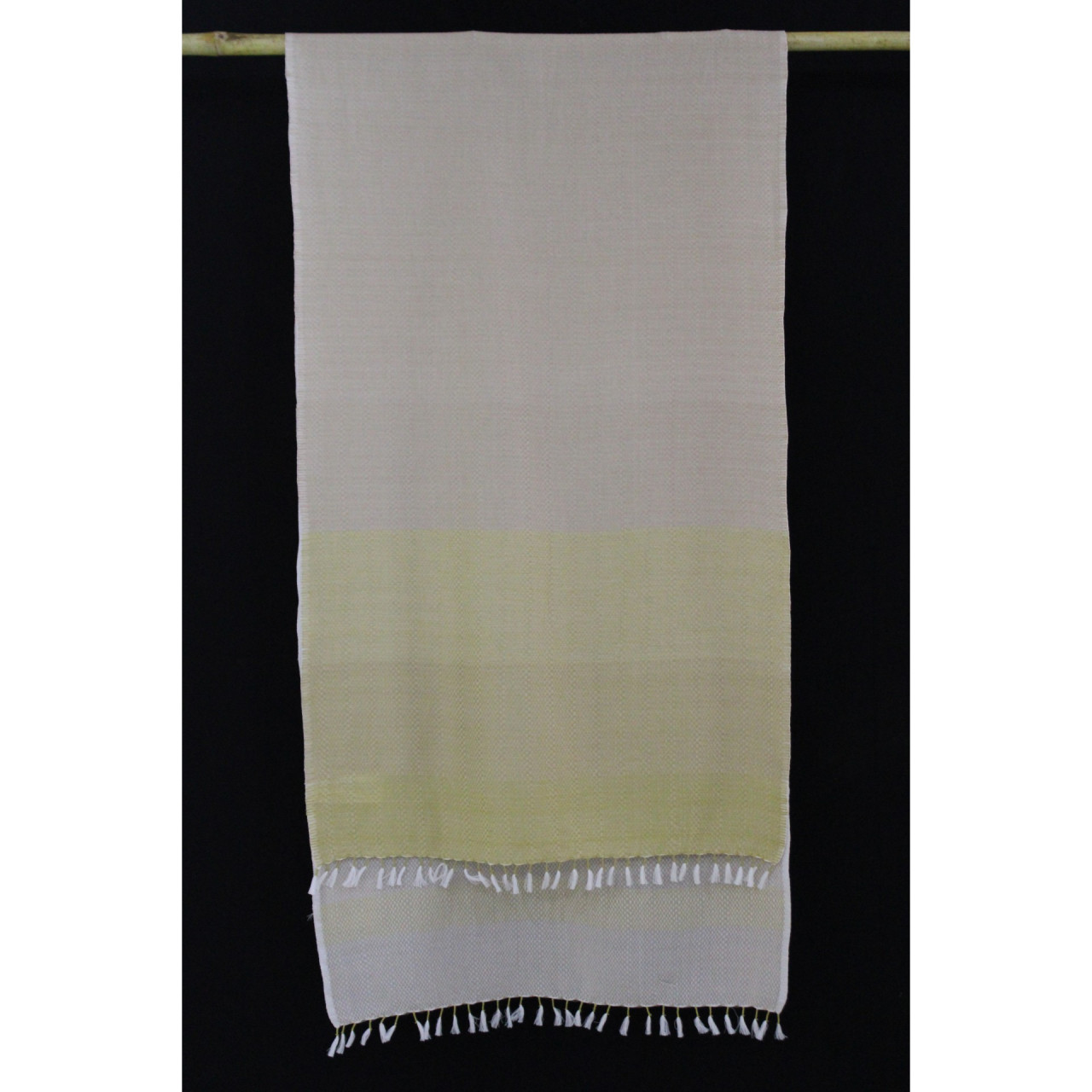 (1599) Cotton Azo-free dyed stole from Maheshwar - Off white, mustard, stripes, piped fringes