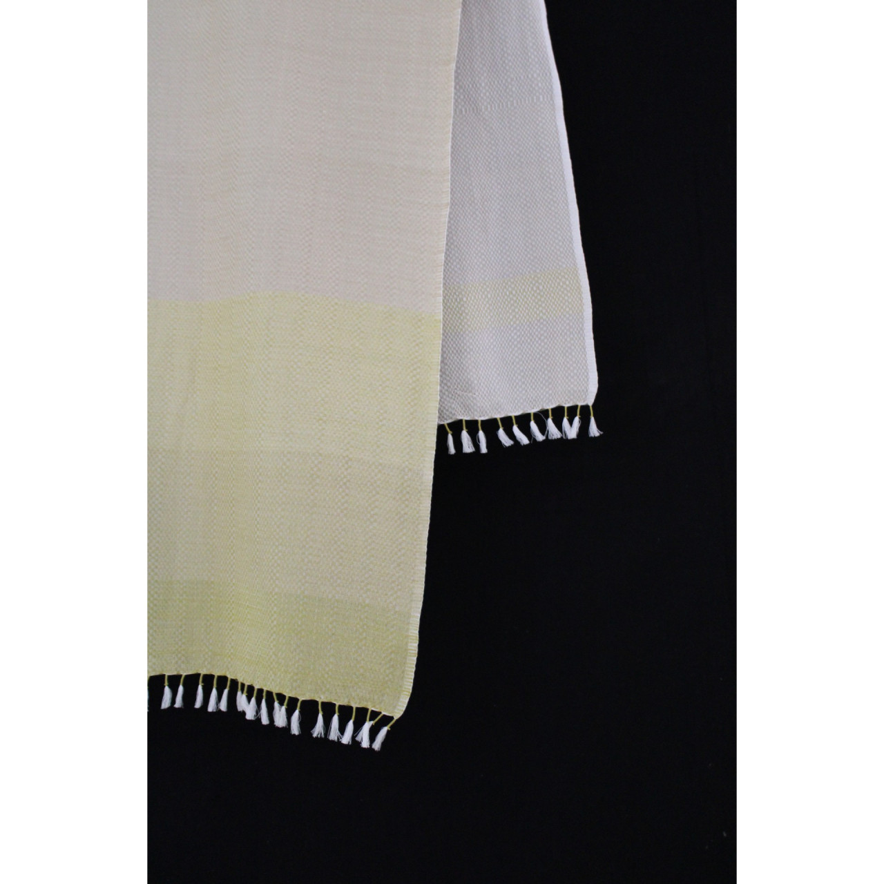 (1599) Cotton Azo-free dyed stole from Maheshwar - Off white, mustard, stripes, piped fringes